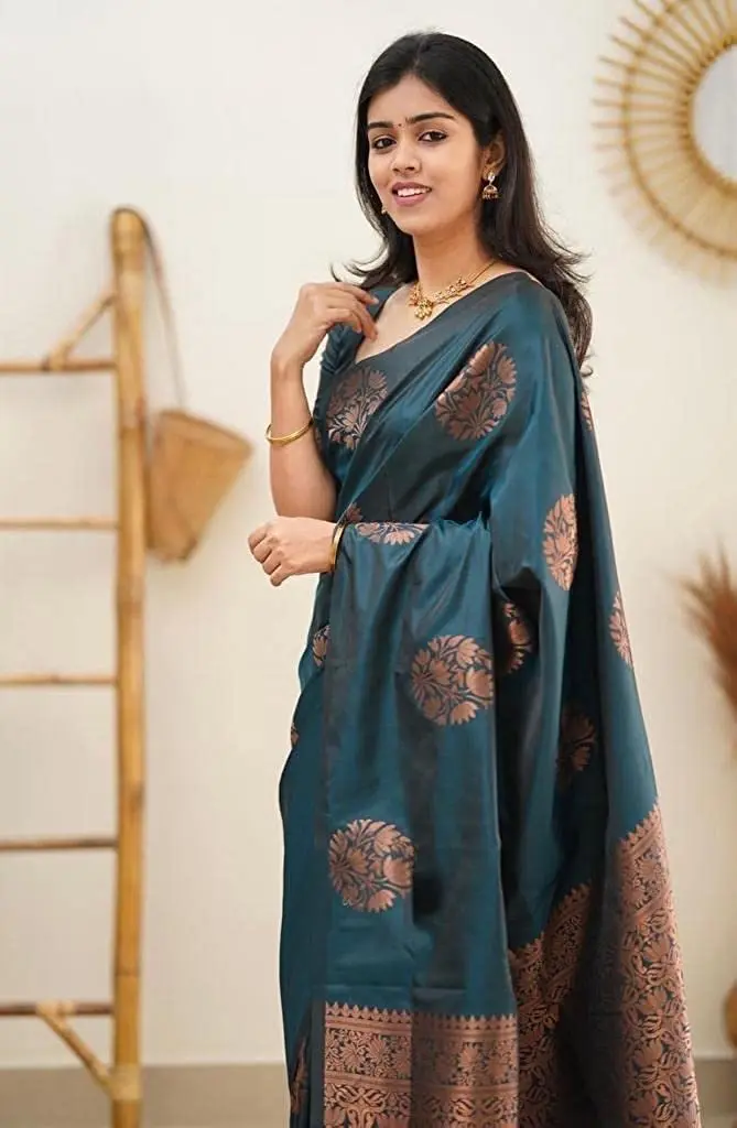 Yashika Women's Banarasi Cotton Silk Jacquard Saree With Blouse Piece, Rama, 5.2m (5.7yd) | Traditional Indian Festive Wear - view 3