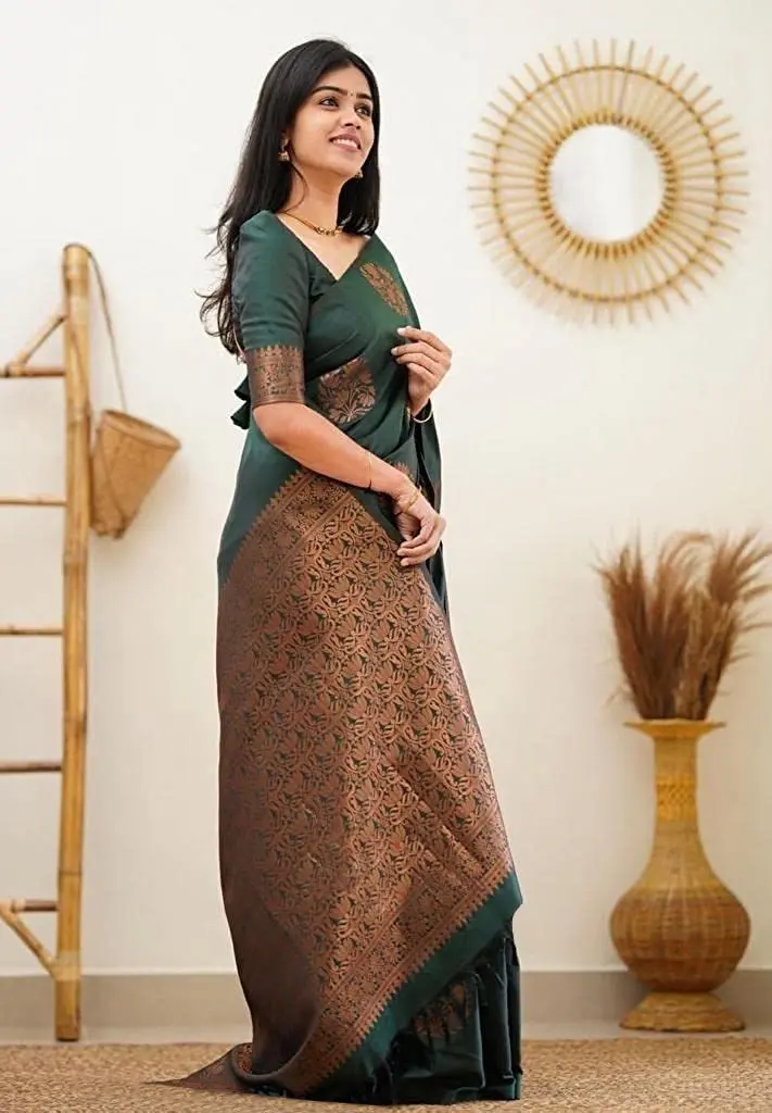 Yashika Women's Banarasi Cotton Silk Jacquard Saree with Blouse Piece, Green, 5.2m (6.3m total) - view 5