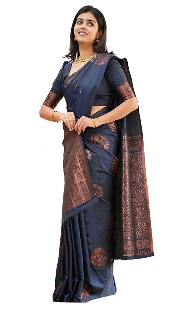 Yashika Women's Banarasi Cotton Silk Jacquard Saree With Blouse Piece, Navy, 5.2m (17.06 ft) | Authentic Indian Weave - main product image