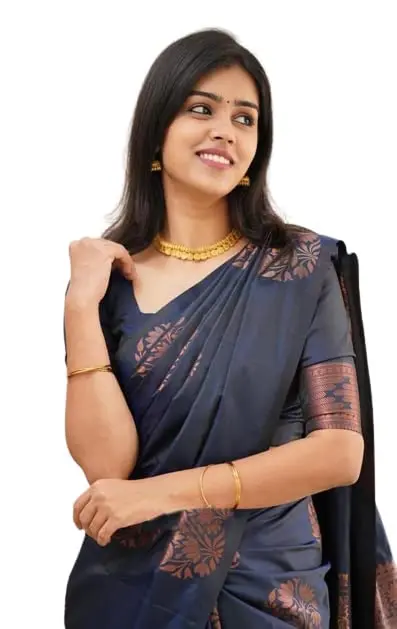 Yashika Women's Banarasi Cotton Silk Jacquard Saree With Blouse Piece, Navy, 5.2m (17.06 ft) | Authentic Indian Weave - view 2