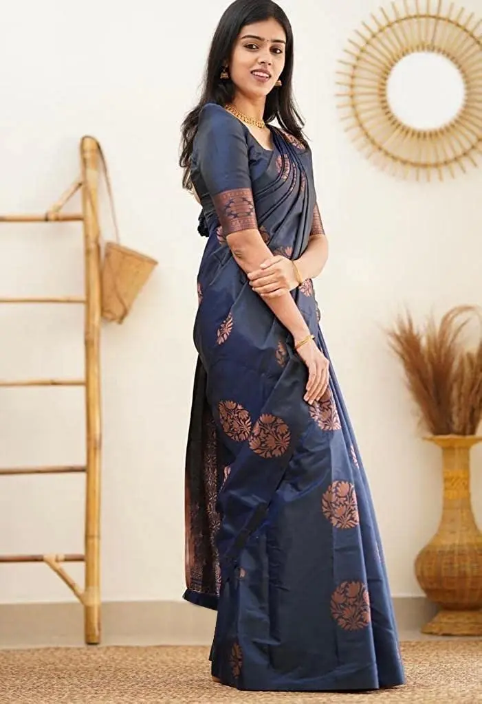 Yashika Women's Banarasi Cotton Silk Jacquard Saree With Blouse Piece, Navy, 5.2m (17.06 ft) | Authentic Indian Weave - view 5