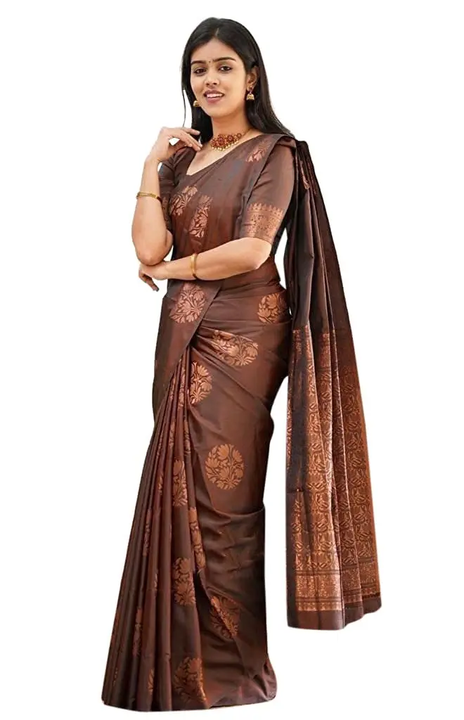 Yashika Banarasi Cotton Silk Jacquard Saree with Blouse, Brown, 5.5m (18 ft) Saree + 0.8m (2.6 ft) Blouse - main product image