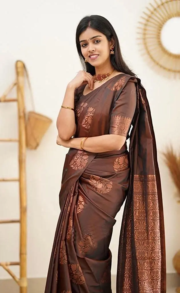 Yashika Banarasi Cotton Silk Jacquard Saree with Blouse, Brown, 5.5m (18 ft) Saree + 0.8m (2.6 ft) Blouse - view 4