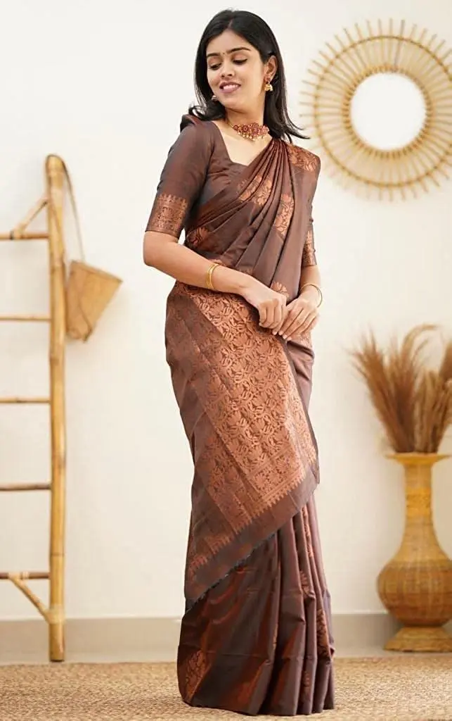 Yashika Banarasi Cotton Silk Jacquard Saree with Blouse, Brown, 5.5m (18 ft) Saree + 0.8m (2.6 ft) Blouse - view 5