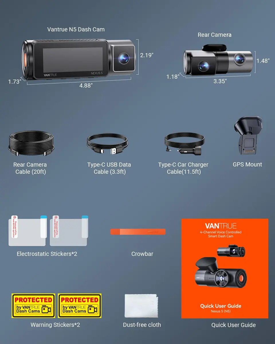 Vantrue N5 4 Channel WiFi Dash Cam 2.7K + 1080P Four Lens | 360° Coverage, Night Vision, GPS, 512GB Support - view 9