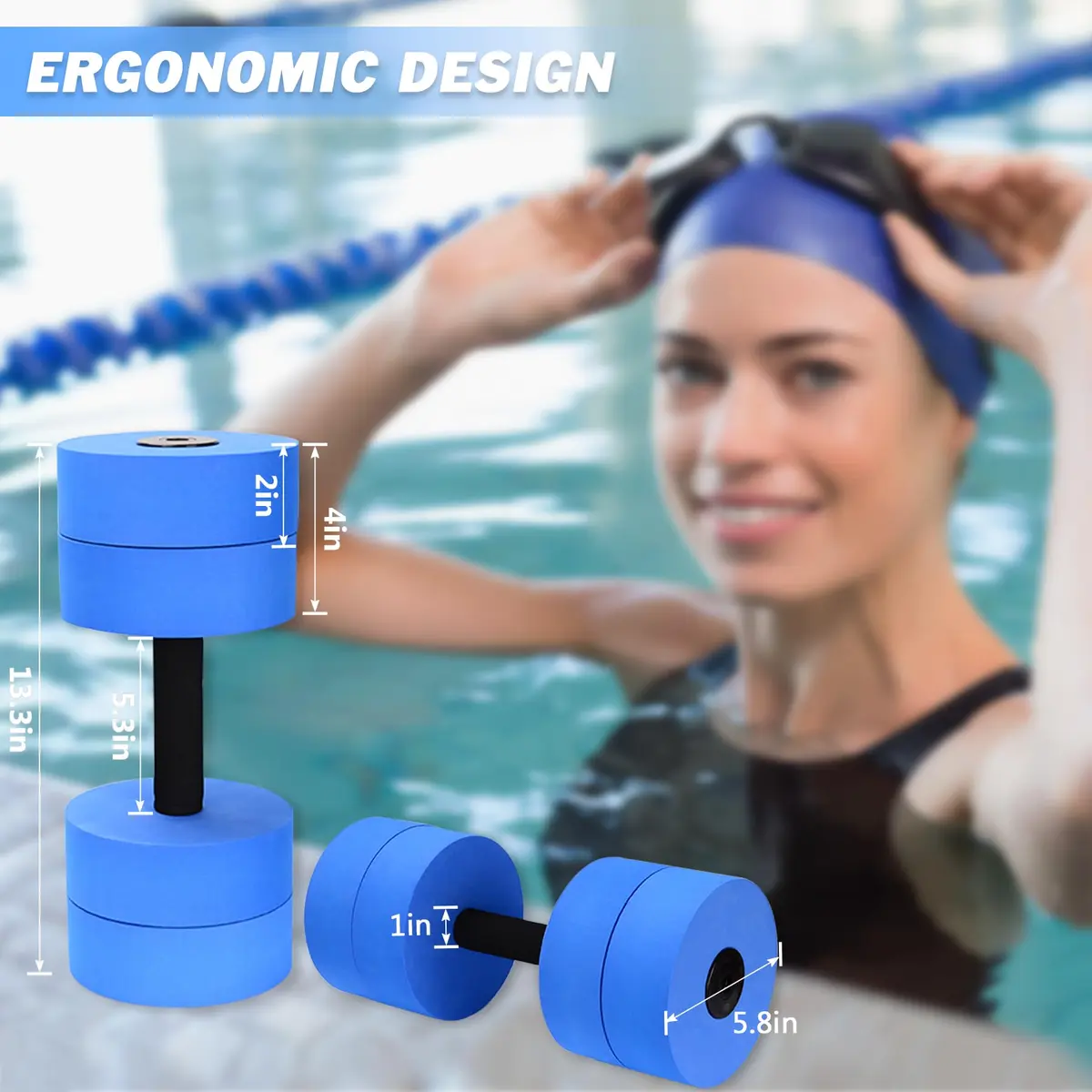 Hikeen Aquatic Exercise Dumbbells Short 2 EVA Blue | Water Resistance Workout for Pool Aerobics & Rehab - view 5