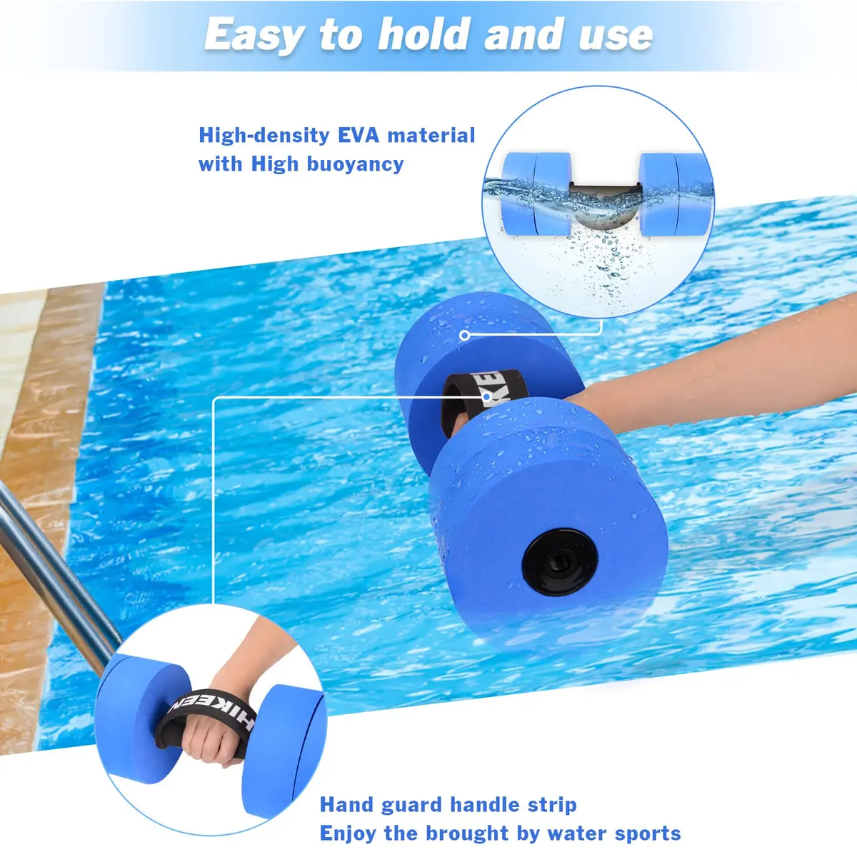 Hikeen Aquatic Exercise Dumbbells Short 2 EVA Blue | Water Resistance Workout for Pool Aerobics & Rehab - view 3