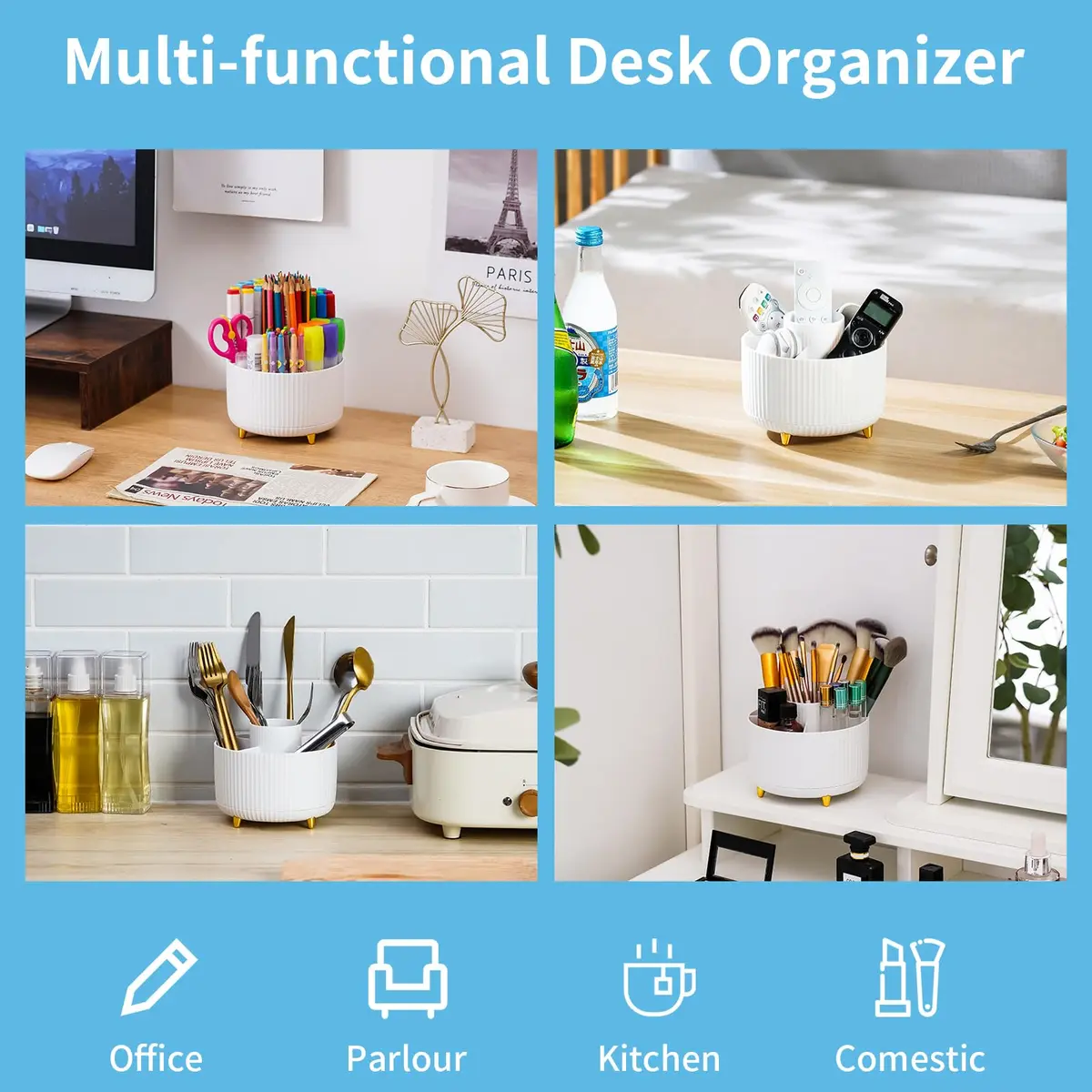 Marbrasse Rotating Desk Organizer White 15.5cm (6.1in) | 5 Compartments for Office, Home, Crafts - view 2