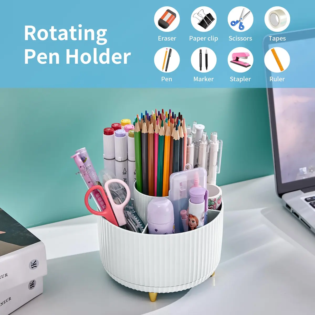 Marbrasse Rotating Desk Organizer White 15.5cm (6.1in) | 5 Compartments for Office, Home, Crafts - view 3