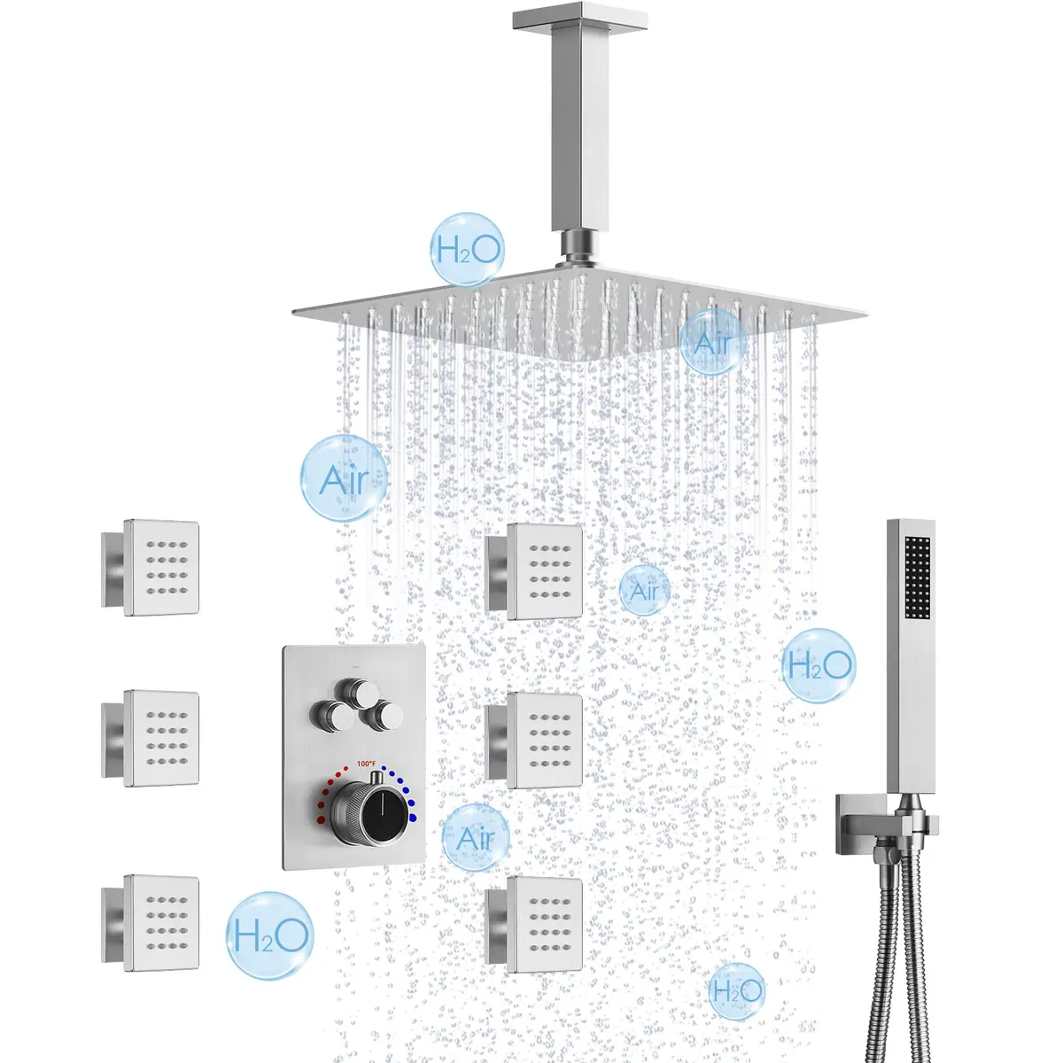 EVERSTEIN Shower System with Body Jets | 12 Inch Rain Mixer Set | Brushed Nickel - main product image
