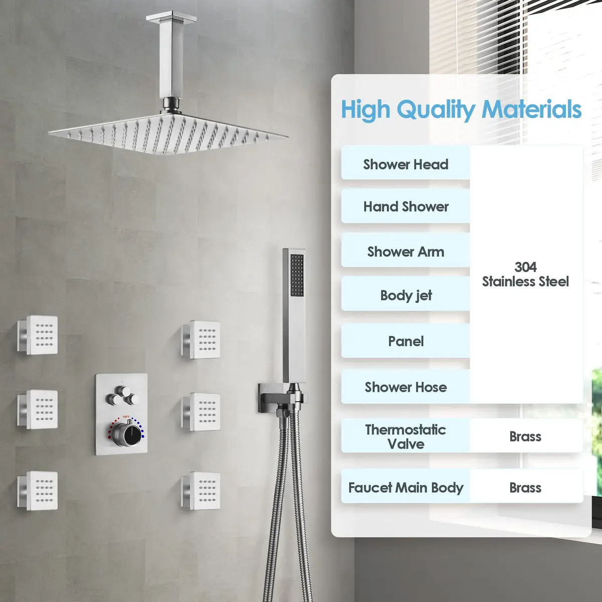EVERSTEIN Shower System with Body Jets | 12 Inch Rain Mixer Set | Brushed Nickel - view 7