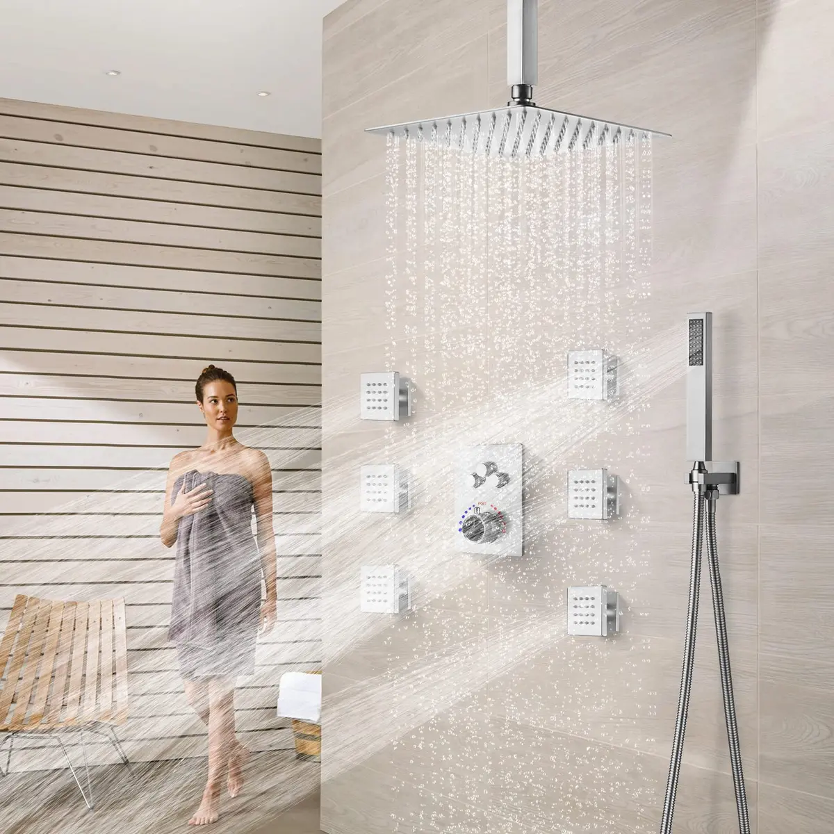 EVERSTEIN Shower System with Body Jets | 12 Inch Rain Mixer Set | Brushed Nickel - view 8