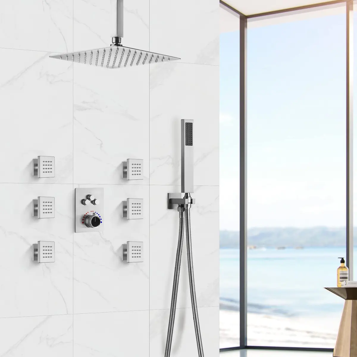 EVERSTEIN Shower System with Body Jets | 12 Inch Rain Mixer Set | Brushed Nickel - view 2