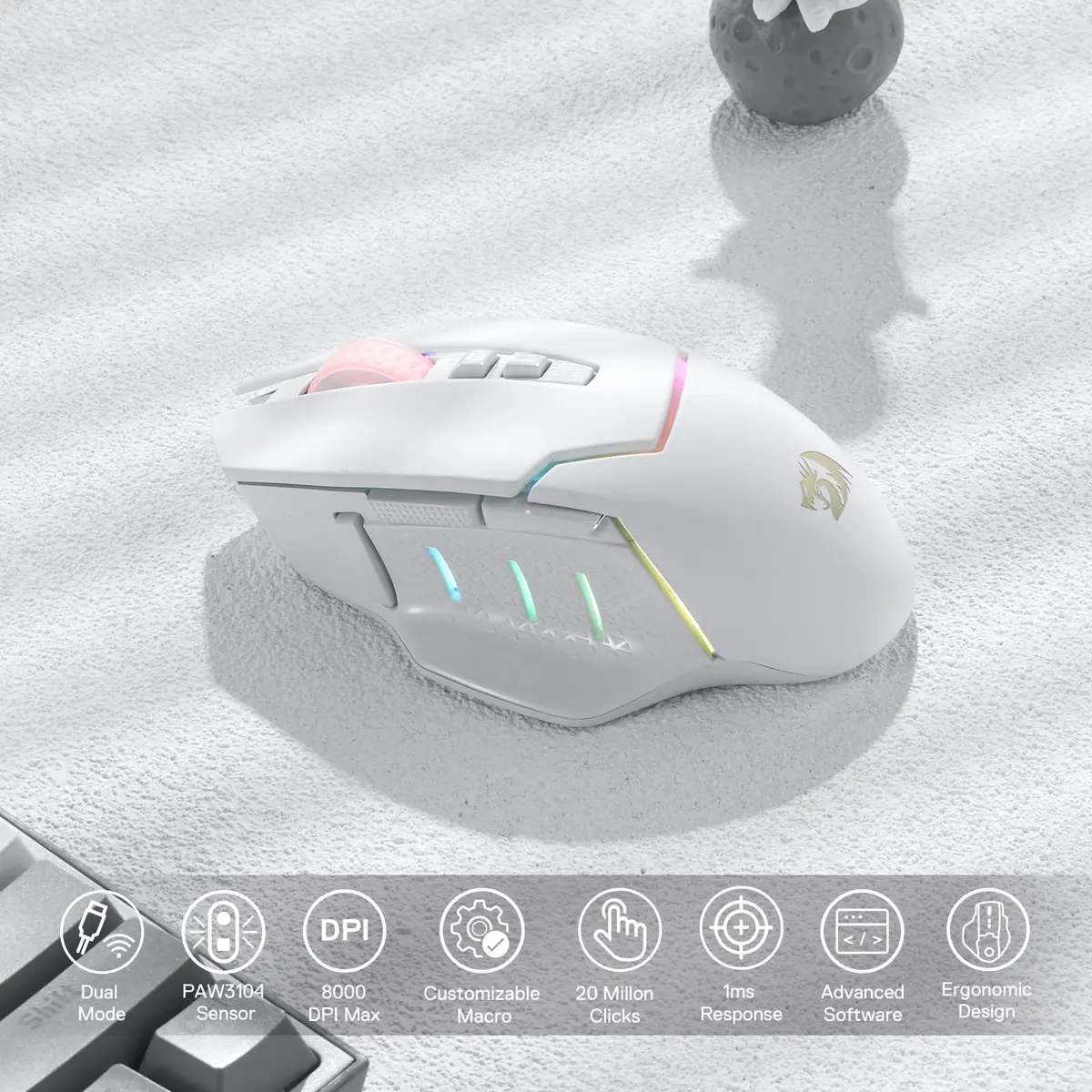 Redragon M690 PRO Wireless Gaming Mouse 8000 DPI White | Ergonomic PC/Mac Gamer Mouse - view 3