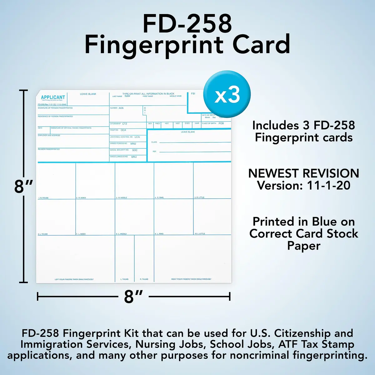 NATIONAL GUN TRUSTS FD-258 Fingerprint Cards 8 x 8 inches | Made in USA, 3 Pack, Heavy Card Stock - view 5
