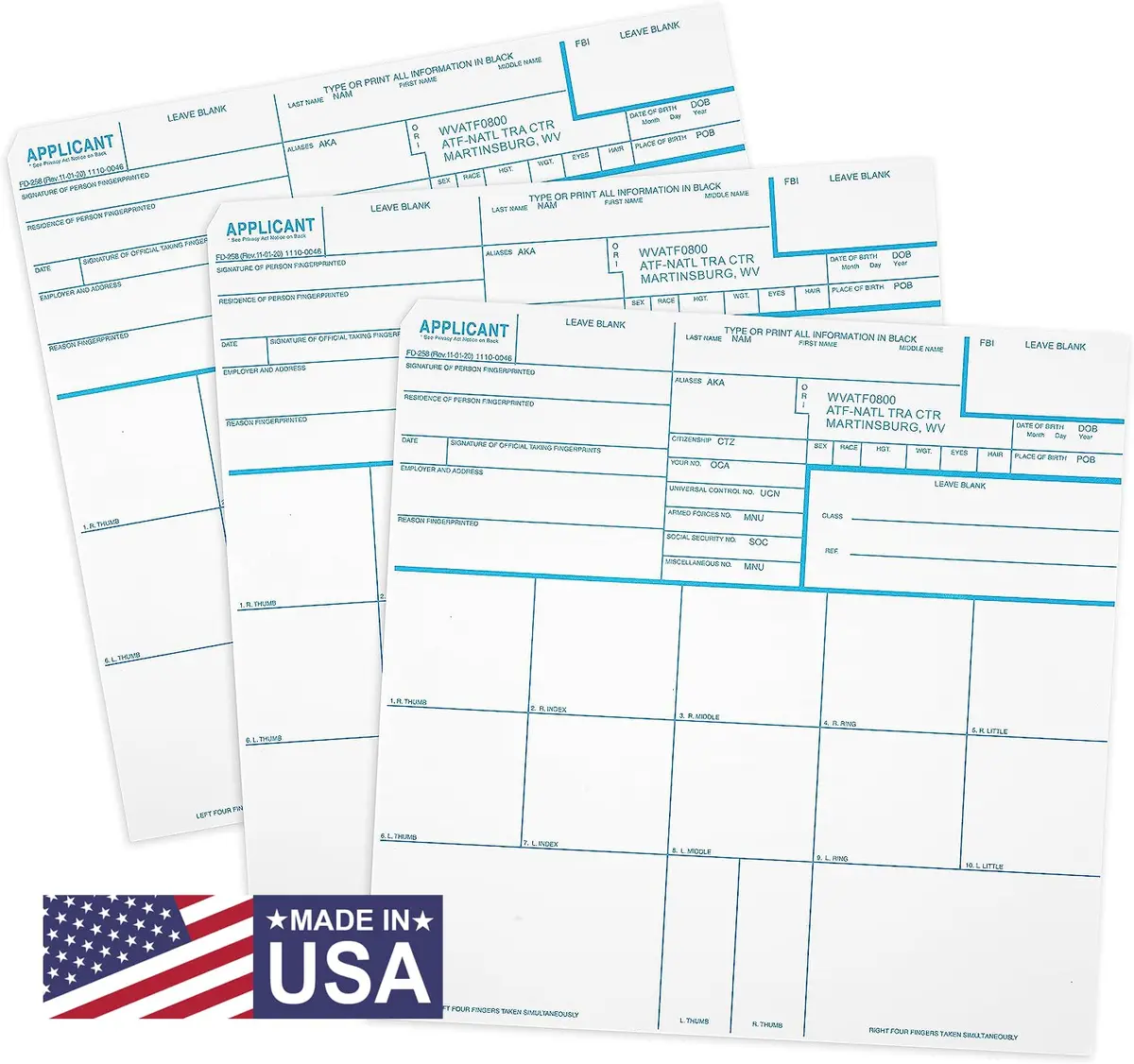 NATIONAL GUN TRUSTS FD-258 Fingerprint Cards 8'' x 8'' | Made in USA, 3 Pack, Version 11-1-20 - main product image