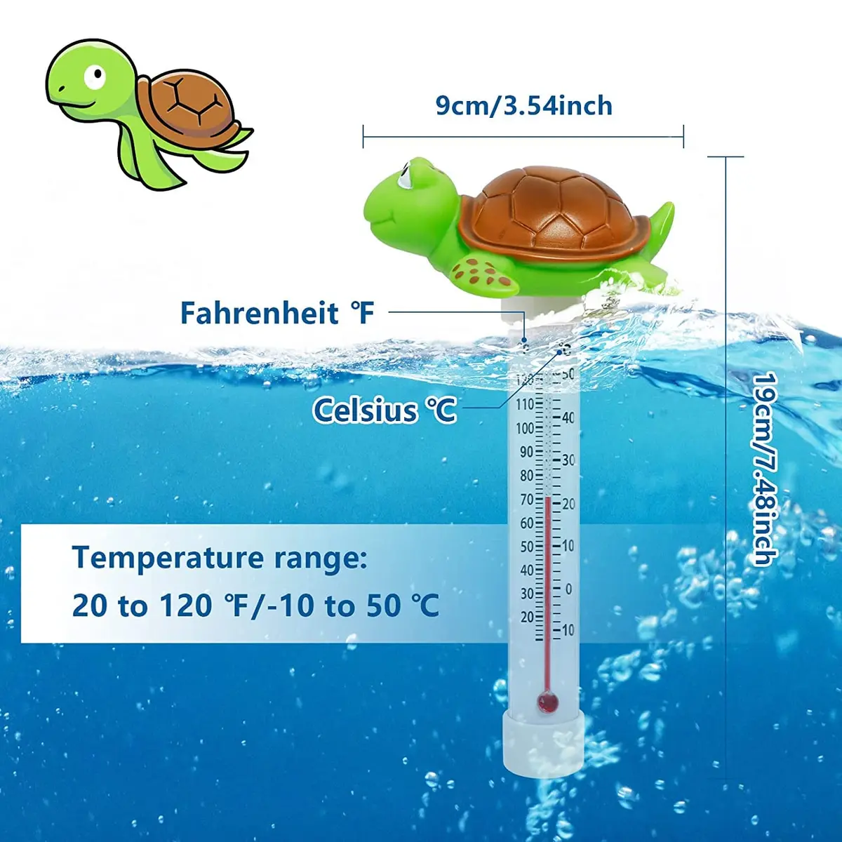 Unipool Floating Pool Thermometer Turtle Style with String | Large Display, Fahrenheit & Celsius, Shatter Resistant - view 2