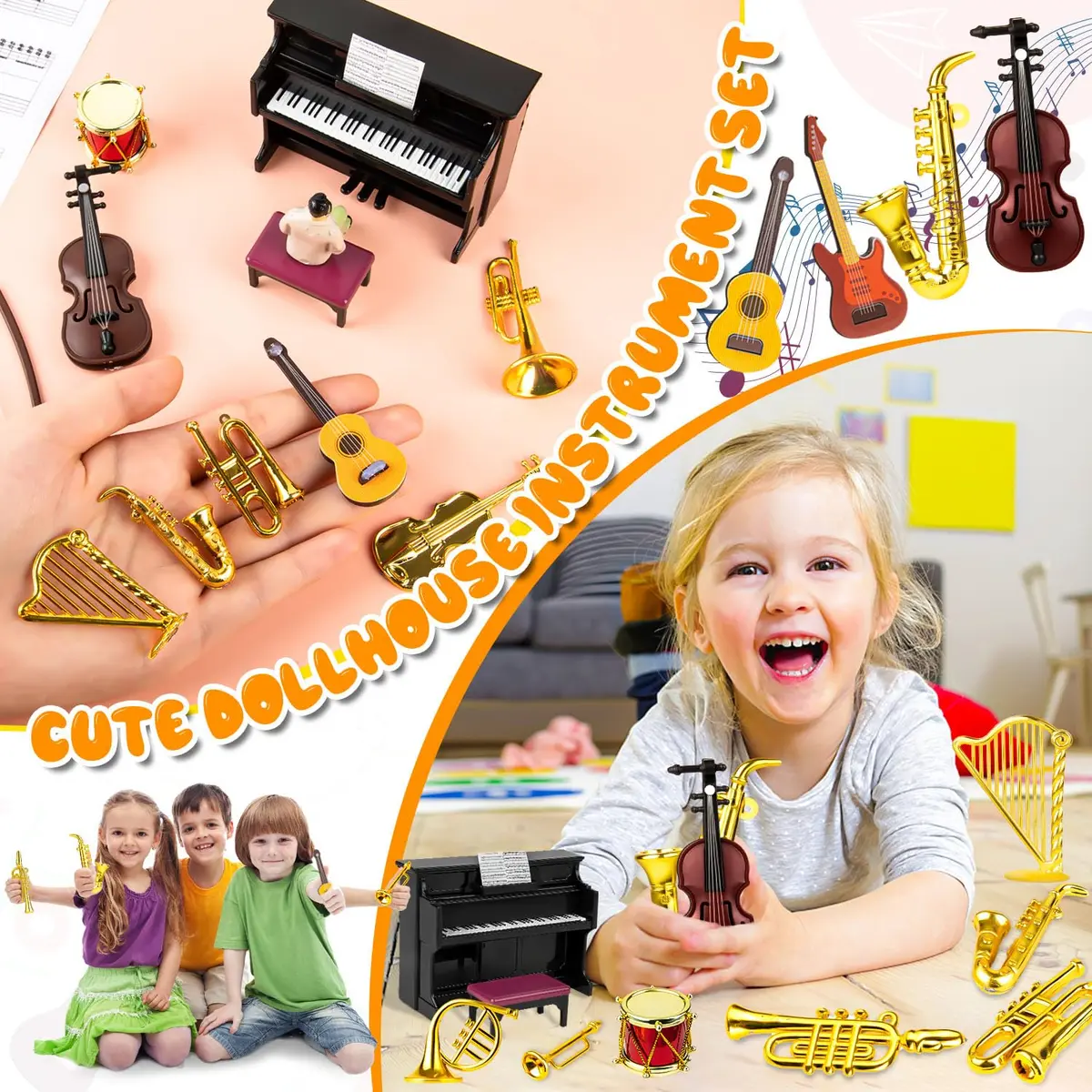FFNIU Dollhouse Musical Instruments Miniature Violin Guitar Piano Drum Trumpet | 12 Scale Dollhouse Accessory - view 6