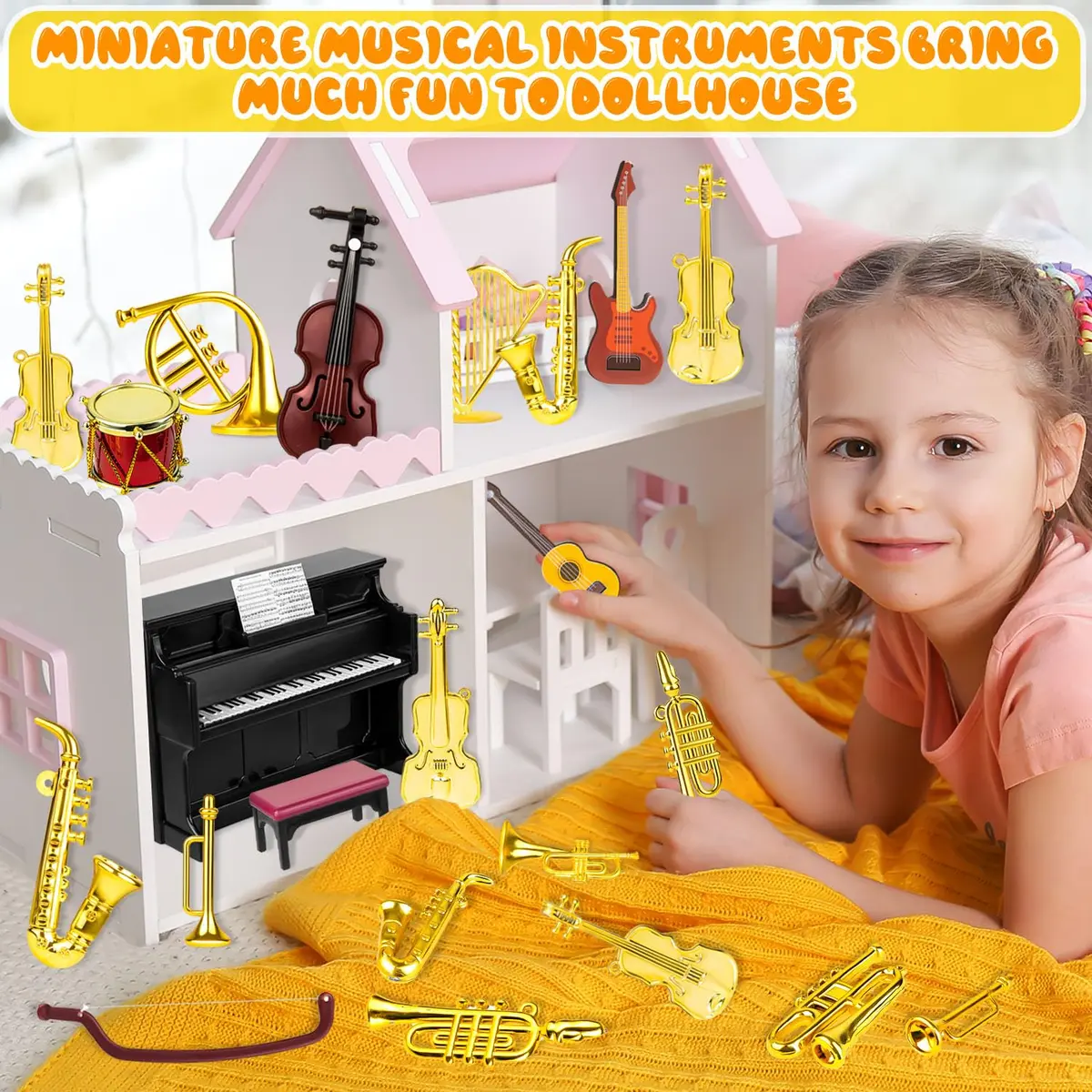 FFNIU Dollhouse Musical Instruments Miniature Violin Guitar Piano Drum Trumpet | 12 Scale Dollhouse Accessory - view 7