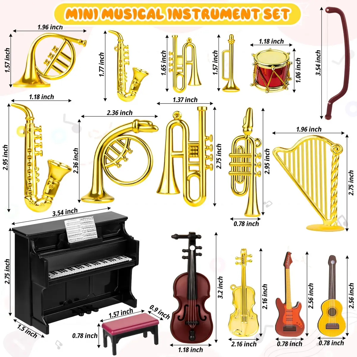FFNIU Dollhouse Musical Instruments Miniature Violin Guitar Piano Drum Trumpet | 12 Scale Dollhouse Accessory - view 3