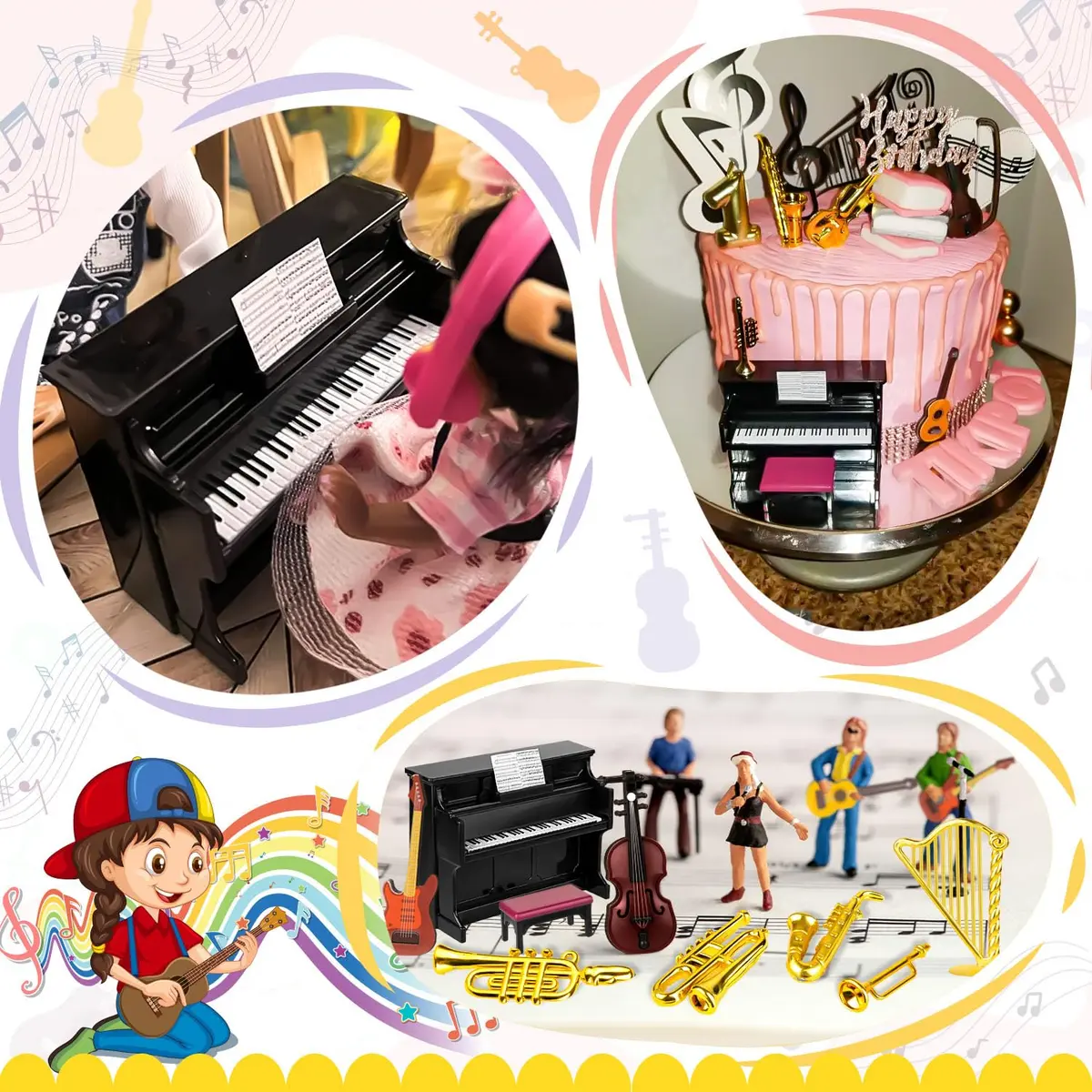 FFNIU Dollhouse Musical Instruments Miniature Violin Guitar Piano Drum Trumpet | 12 Scale Dollhouse Accessory - view 4