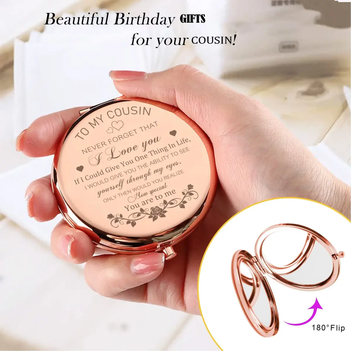 GAOLZIUY Rose Gold Compact Mirror | 7 cm (2.8"L x 2.6"W) Double-Sided Makeup Mirror - view 6