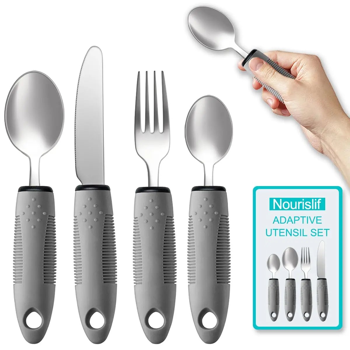 Nourislif Adaptive Utensils 4-Piece Set (13.9cm x 22.7cm x 2.5cm) | Easy-Grip Silverware for Hand Tremors, Elderly, Arthritis - main product image