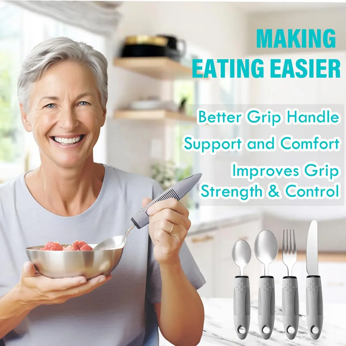 Nourislif Adaptive Utensils 4-Piece Set (13.9cm x 22.7cm x 2.5cm) | Easy-Grip Silverware for Hand Tremors, Elderly, Arthritis - view 2