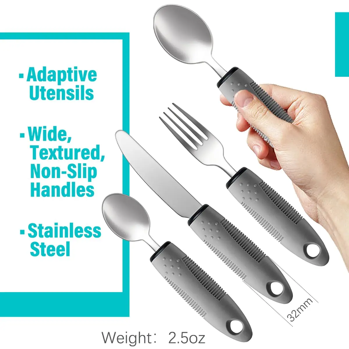 Nourislif Adaptive Utensils 4-Piece Set (13.9cm x 22.7cm x 2.5cm) | Easy-Grip Silverware for Hand Tremors, Elderly, Arthritis - view 3