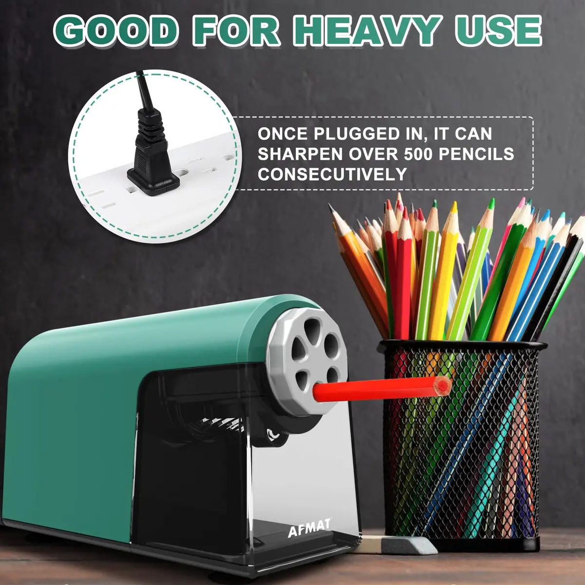 AFMAT PSX2 Heavy Duty Electric Pencil Sharpener 6 Holes | Auto Stop, Super Fast, Classroom Use, Green - view 5