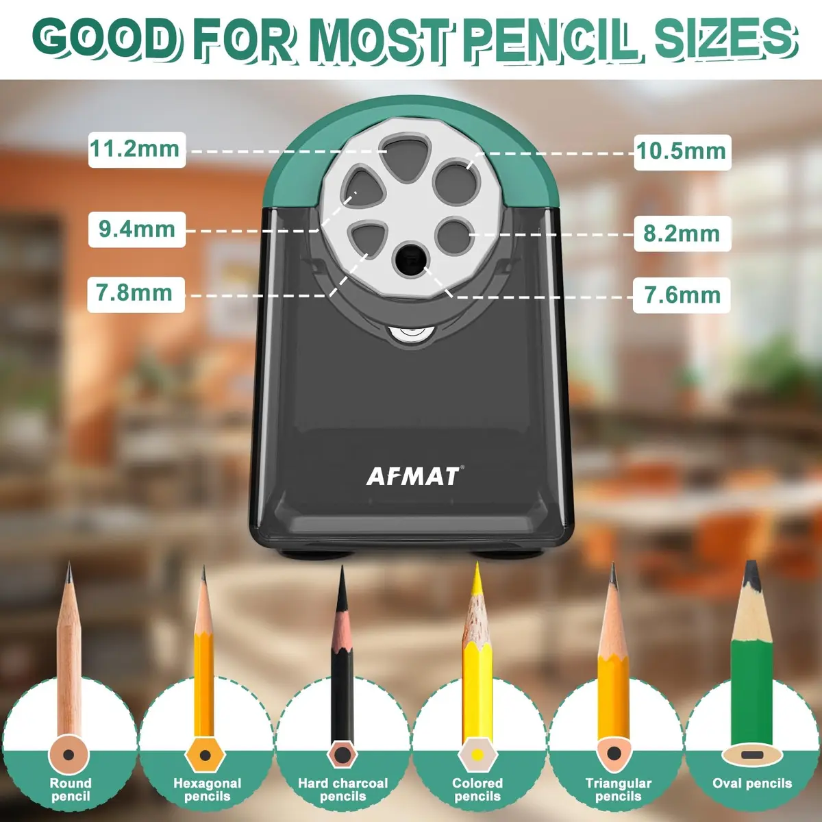 AFMAT PSX2 Heavy Duty Electric Pencil Sharpener 6 Holes | Auto Stop, Super Fast, Classroom Use, Green - view 2
