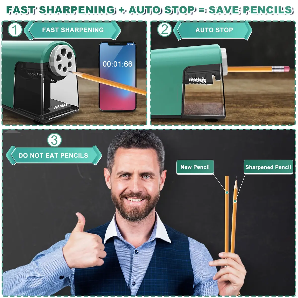 AFMAT PSX2 Heavy Duty Electric Pencil Sharpener 6 Holes | Auto Stop, Super Fast, Classroom Use, Green - view 3