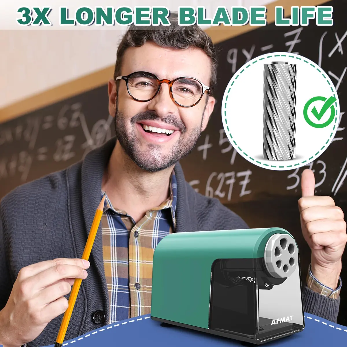 AFMAT PSX2 Heavy Duty Electric Pencil Sharpener 6 Holes | Auto Stop, Super Fast, Classroom Use, Green - view 4