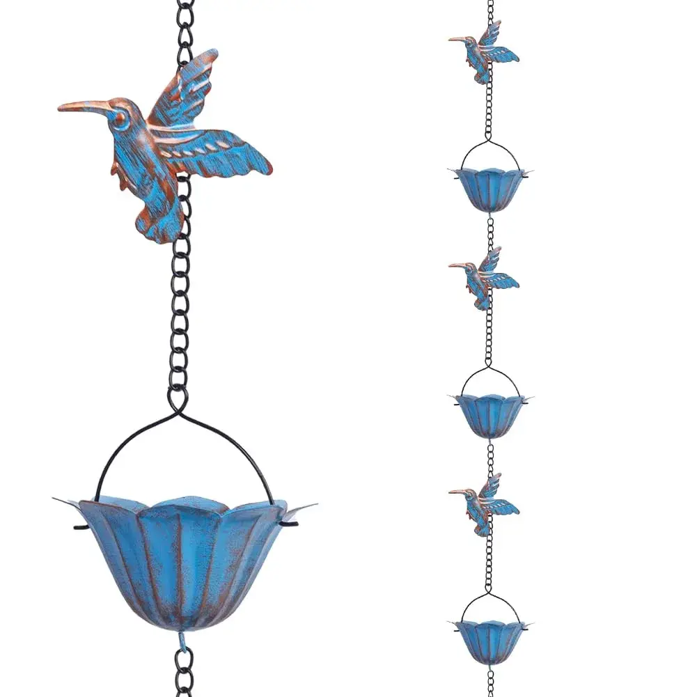 giole Hummingbird Rain Chain 2.27 kg (5 lb) | 12 Cups & 11 Hummingbirds, 3.96 m (13.4 ft) Length | Decorative Gutter Alternative - main product image