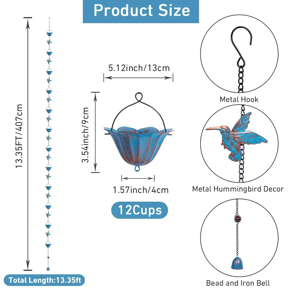 giole Hummingbird Rain Chain 2.27 kg (5 lb) | 12 Cups & 11 Hummingbirds, 3.96 m (13.4 ft) Length | Decorative Gutter Alternative - view 2