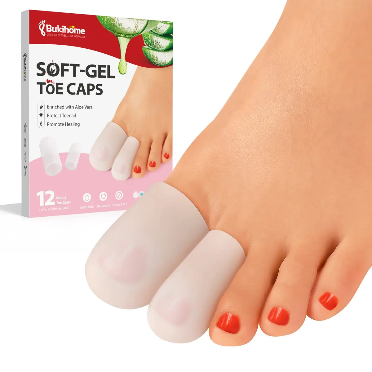 Bukihome Silicone Toe Protectors - 12 Pack Gel Toe Sleeves for Pain Relief & Protection (8L + 4S) | Aloe Vera & Essential Oils - main product image