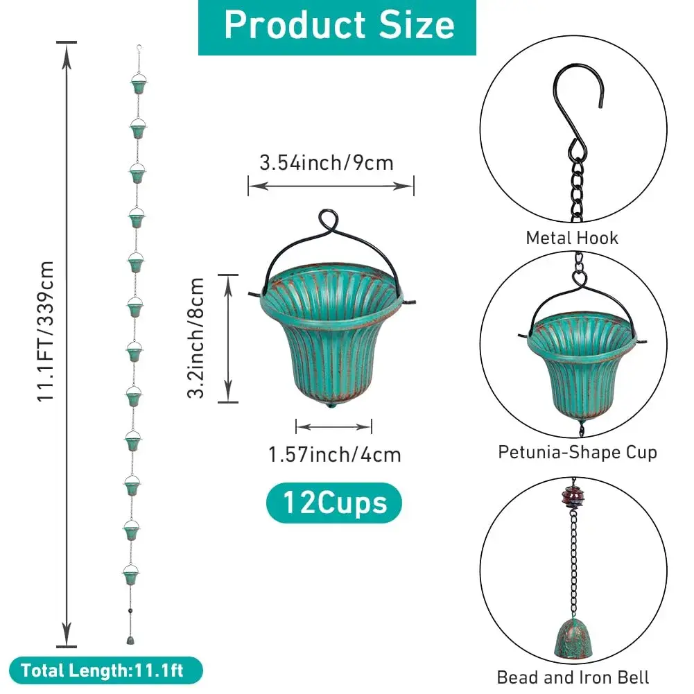 giole 11ft (3.35m) Green Metal Rain Chain with 12 Cups | Serene Ambiance for Gardens & Patios - view 3