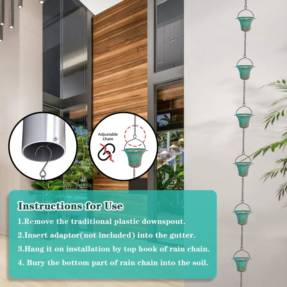 giole 11ft (3.35m) Green Metal Rain Chain with 12 Cups | Serene Ambiance for Gardens & Patios - view 4