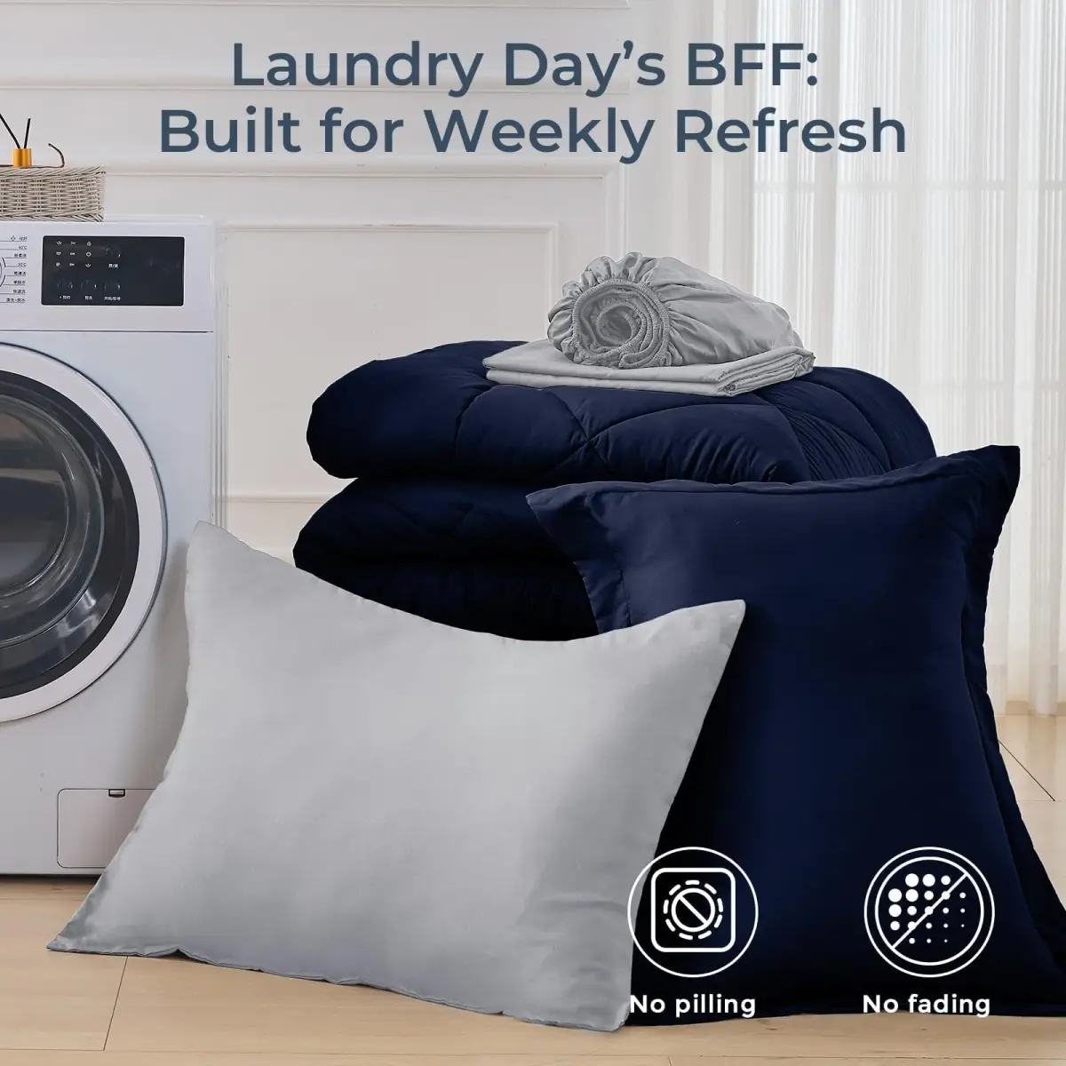 HEVUMYI 5-Piece Twin Comforter Set Navy Blue & Grey 173cm x 224cm (68" x 88") | Cloud-Like Microfiber Bedding for All Seasons - view 7