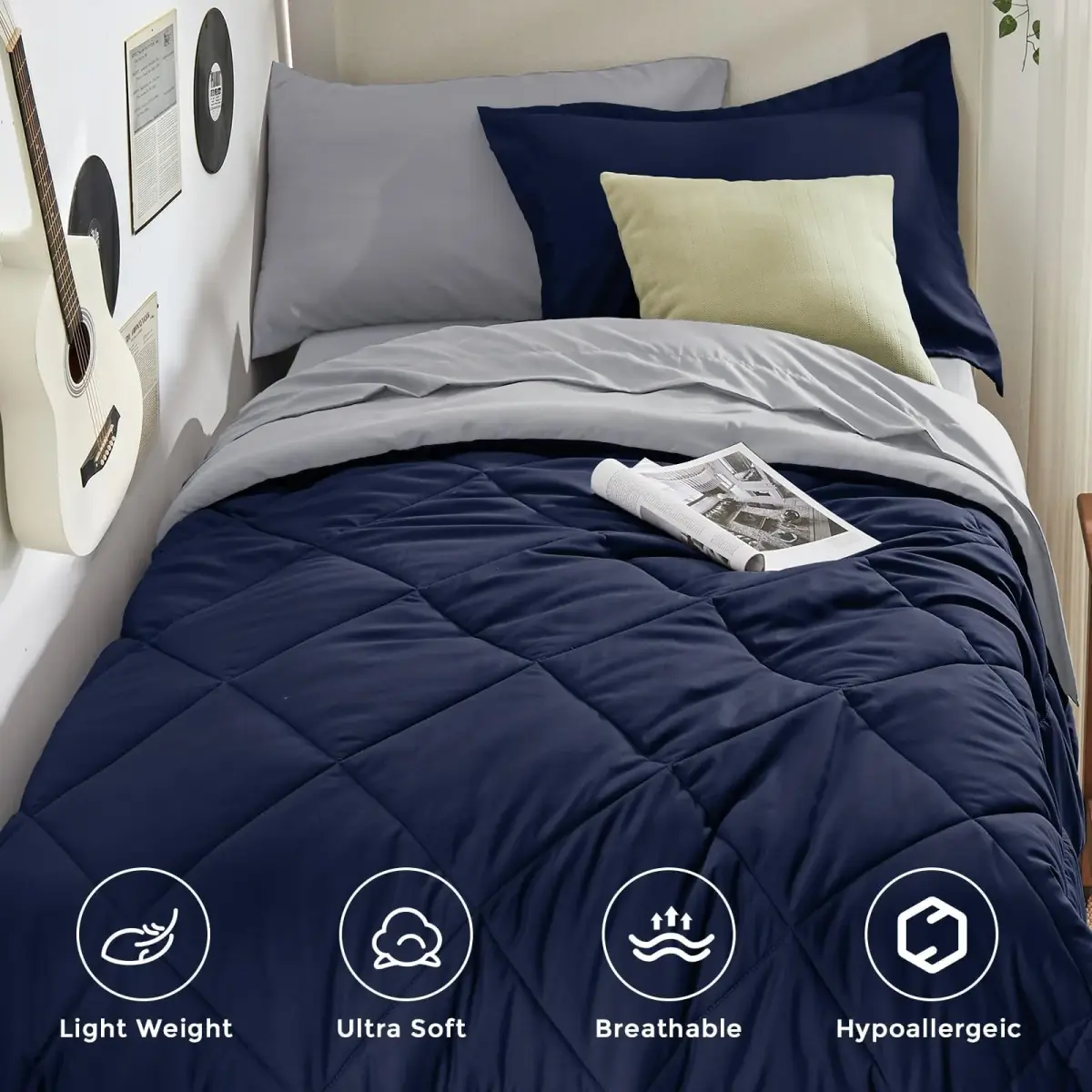 HEVUMYI 5-Piece Twin Comforter Set Navy Blue & Grey 173cm x 224cm (68" x 88") | Cloud-Like Microfiber Bedding for All Seasons - view 2