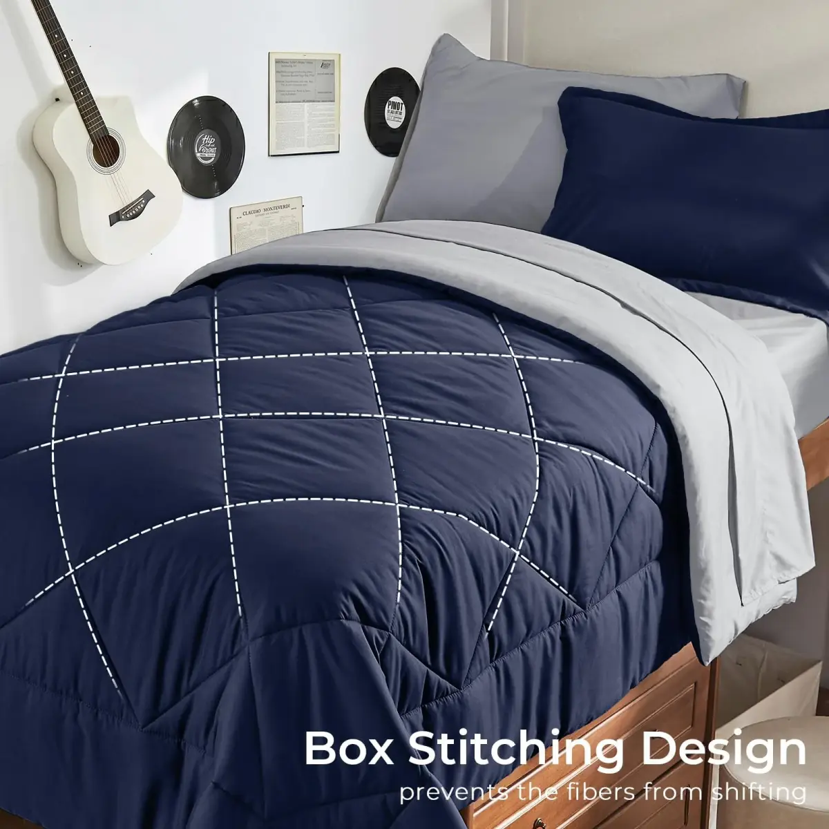 HEVUMYI 5-Piece Twin Comforter Set Navy Blue & Grey 173cm x 224cm (68" x 88") | Cloud-Like Microfiber Bedding for All Seasons - view 3