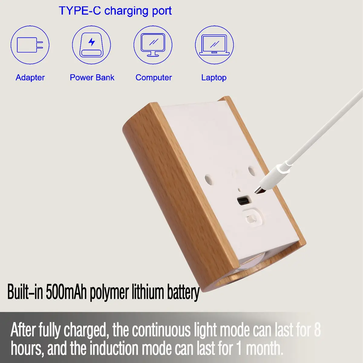 LANDGOO Wood Step Light, Motion Sensor, Rechargeable, Beech Wood | Warm 2700K Night Light with Infrared Sensor - view 5