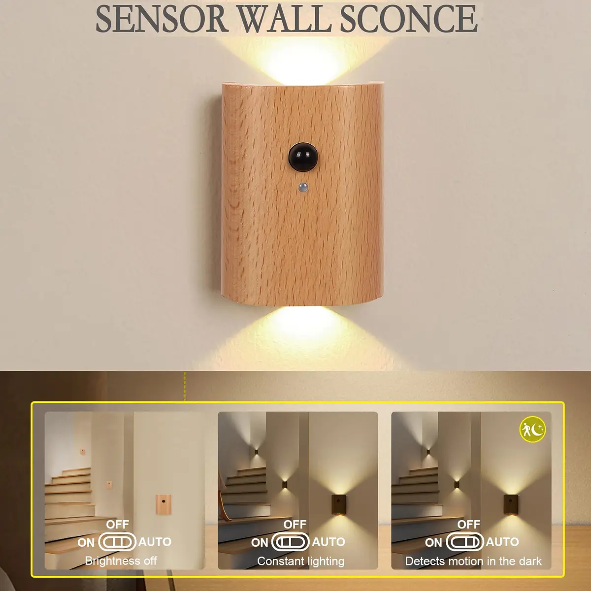 LANDGOO Wood Step Light, Motion Sensor, Rechargeable, Beech Wood | Warm 2700K Night Light with Infrared Sensor - view 2