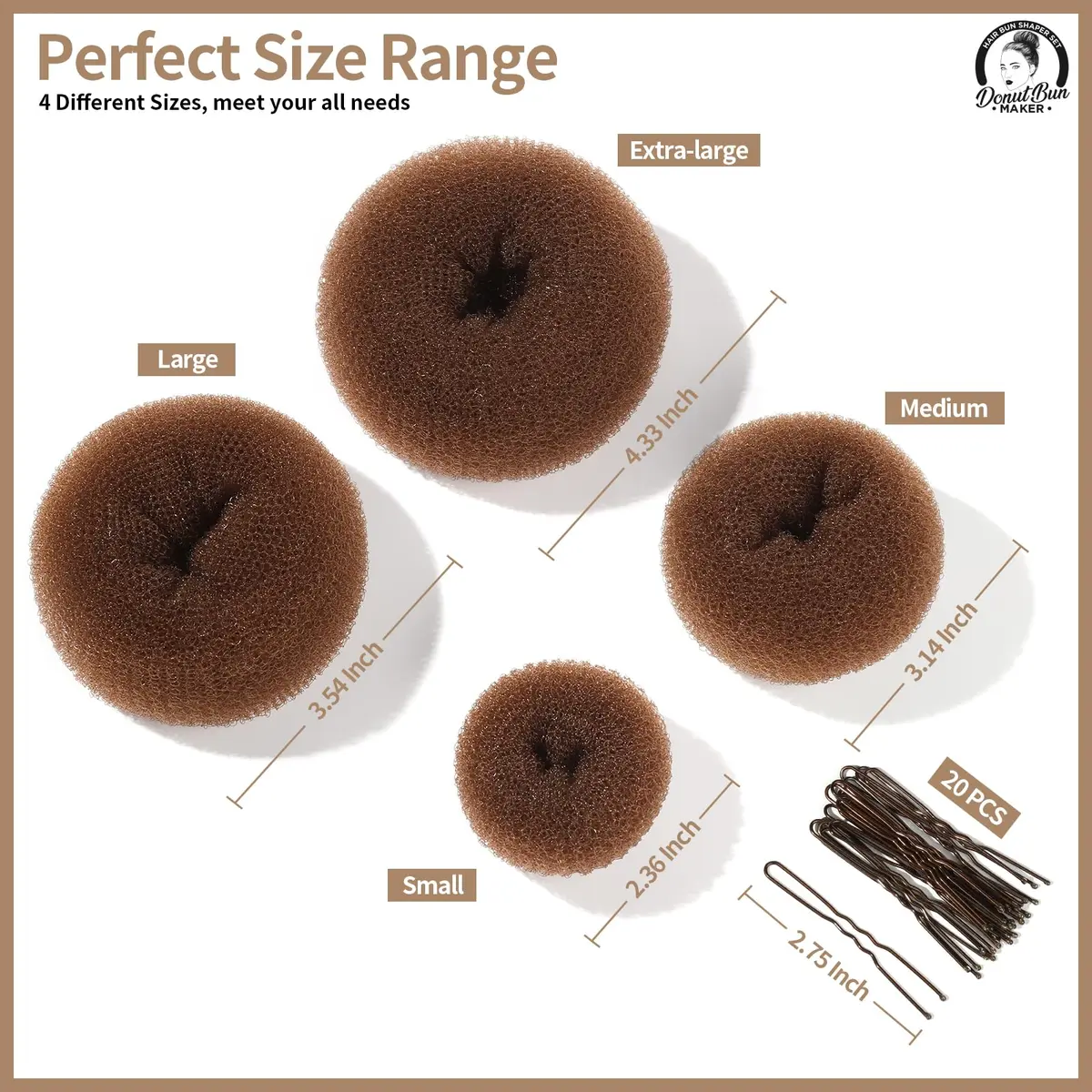 Teenitor Hair Bun Maker Set with Bobby Pins, 4 Sizes Light Brown | Sleek Ballet Buns for Kids & Adults - view 2