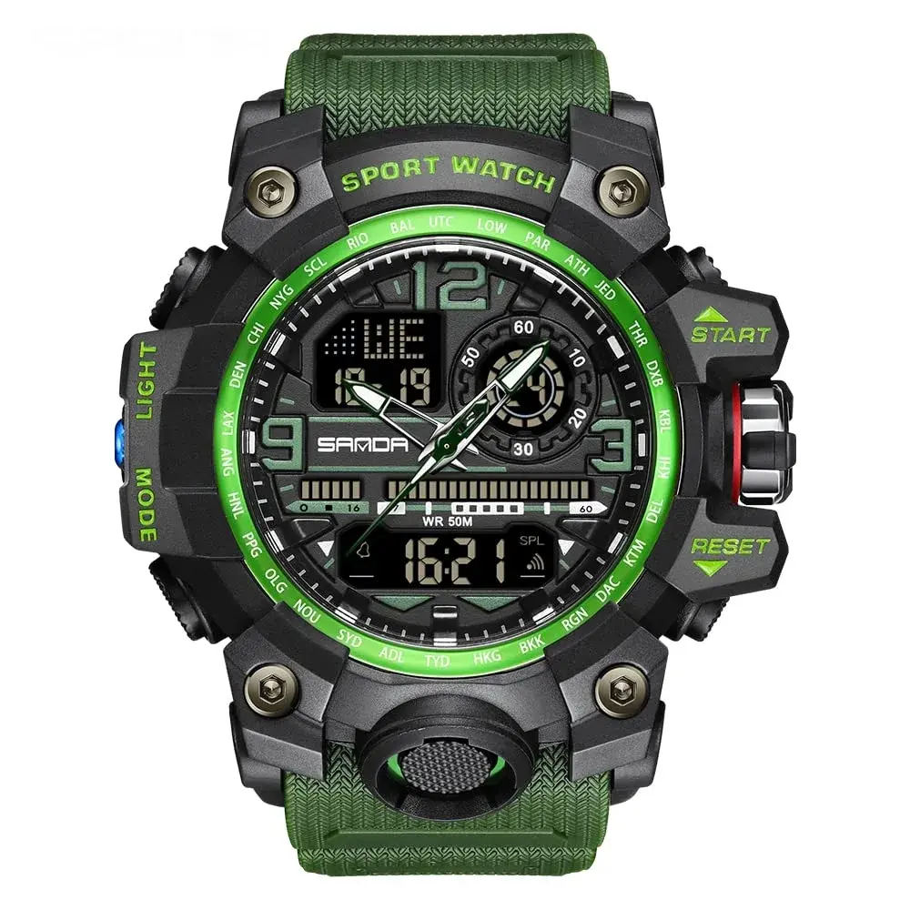 AIMES Men's 3133-Green Sport Watch 53mm | Dual Time Zone Military Watch with LED Alarm & Stopwatch - main product image