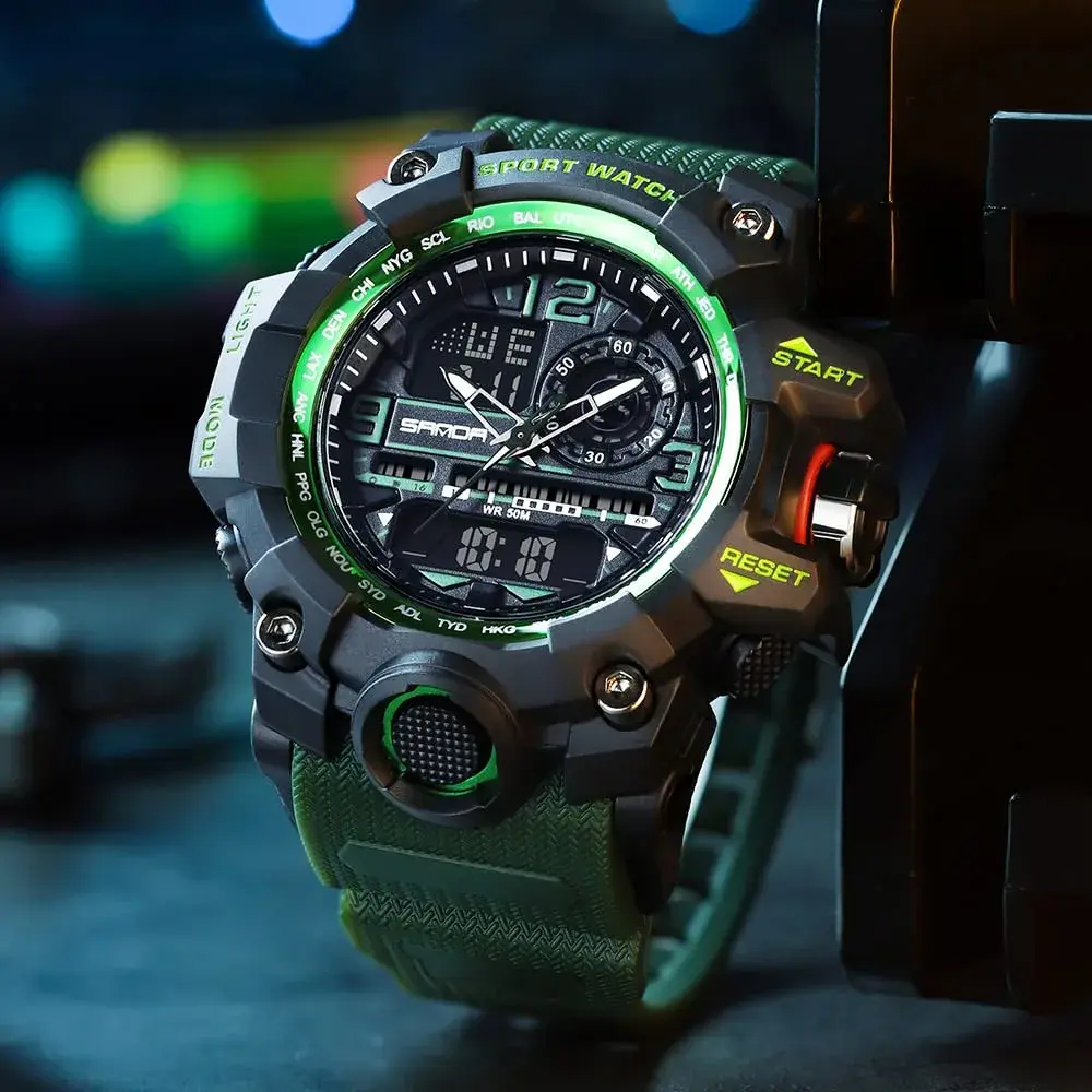 AIMES Men's 3133-Green Sport Watch 53mm | Dual Time Zone Military Watch with LED Alarm & Stopwatch - view 4