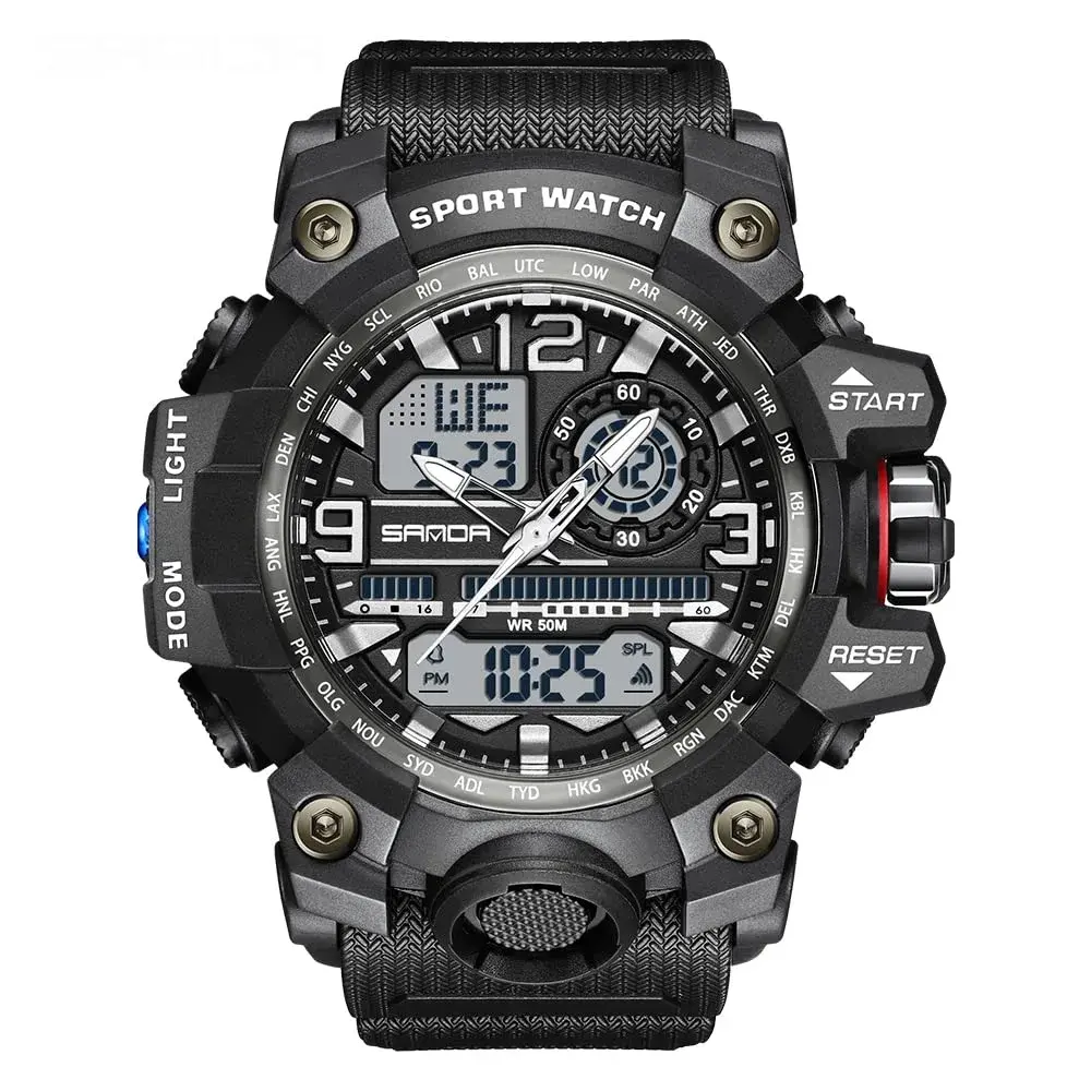 AIMES Men's 3133-Black White Sport Watch 53mm Dual Time Zone Military Watch with LED Alarm & Stopwatch - main product image