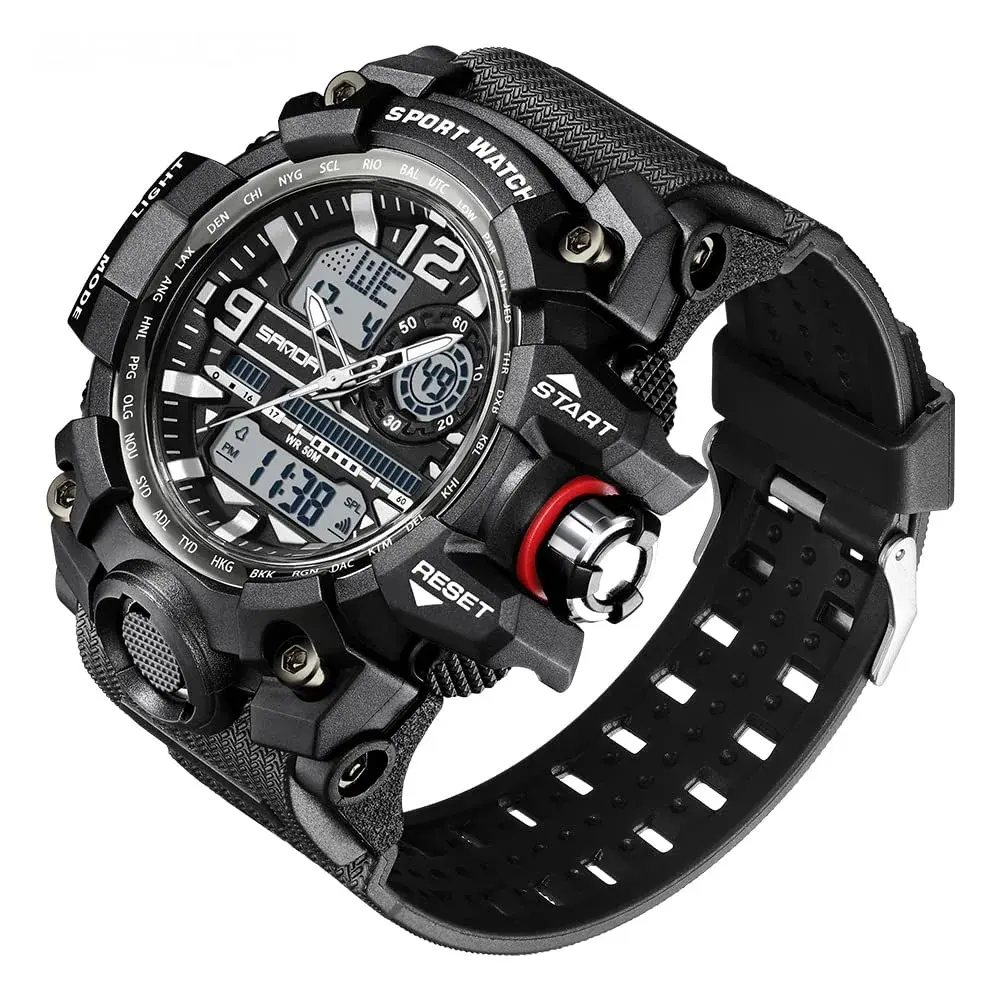 AIMES Men's 3133-Black White Sport Watch 53mm Dual Time Zone Military Watch with LED Alarm & Stopwatch - view 2