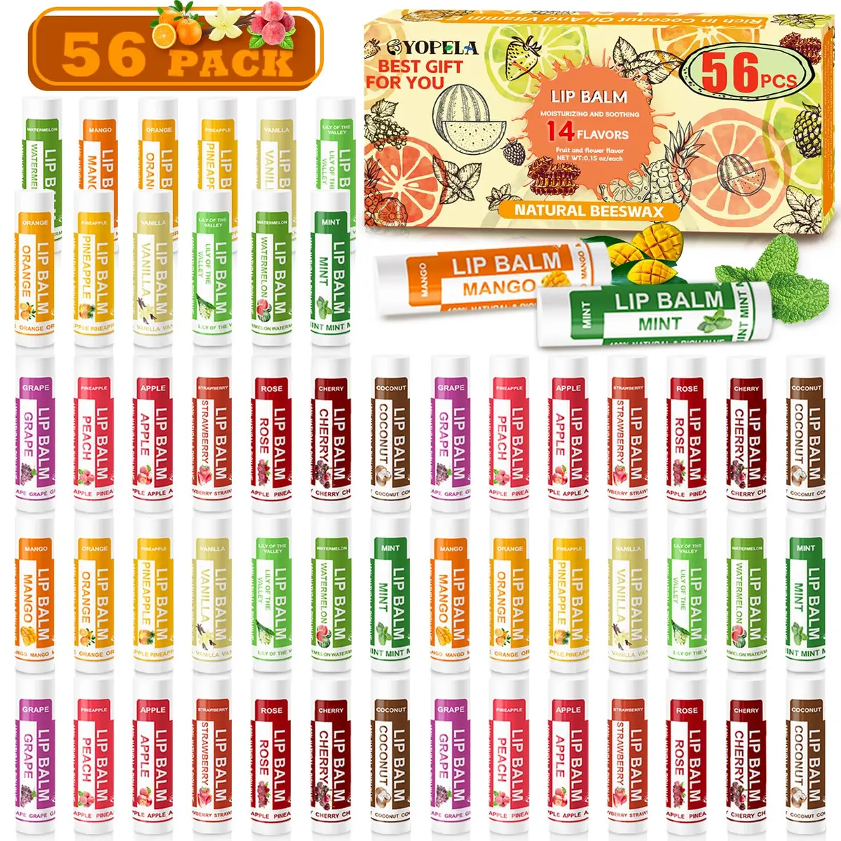 Yopela Natural Lip Balm 56 Pack | Moisturizing & Soothing with Vitamin E & Coconut Oil - main product image