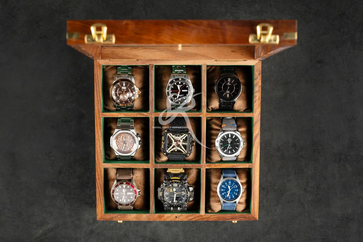 Royal Craft Expertise 9 Slot Handmade Wooden Watch Case | Indian Rosewood Timepiece Organizer with Glass Lid - view 5